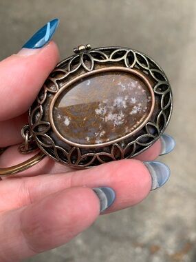Vintage Brass Ocean Jasper Stone Locket Keychain